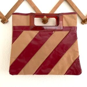 Vintage Striped Handbag Clutch Canvas with Leather Trim and Bakelite Handle